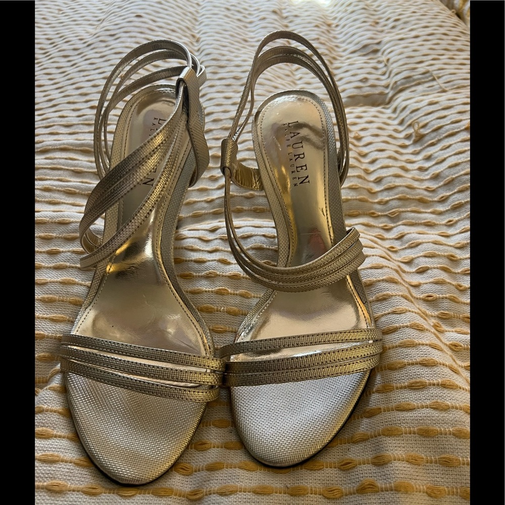 Ralph Lauren gold strapped dress shoes.